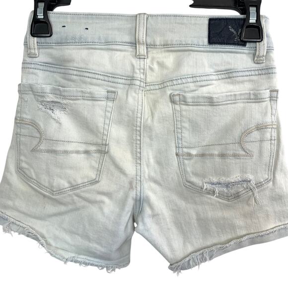 American Eagle Hi Rise Shortie Distressed Light Blue Wash Raw Hem Shorts sz 00 - Picture 7 of 16